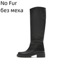 QUTAA INS Fashion Women Knee High Boots Full Cow Leather Warm Flats Thick High Heels Motorcycle Boots Woman Lady Shoes 34-43