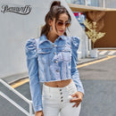 Benuynffy Vintage Puff Long Sleeve Crop Jean Jacket Women Spring Autumn Single Breasted Coat Female Outwear Casual Denim Jackets