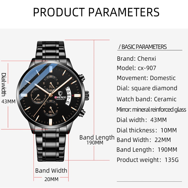 CHENXI Herrenuhren Chronograph Top Luxusmarke Sport Quarzuhr Herren Wasserdicht Casual Leder Armbanduhr Relogio Masculino