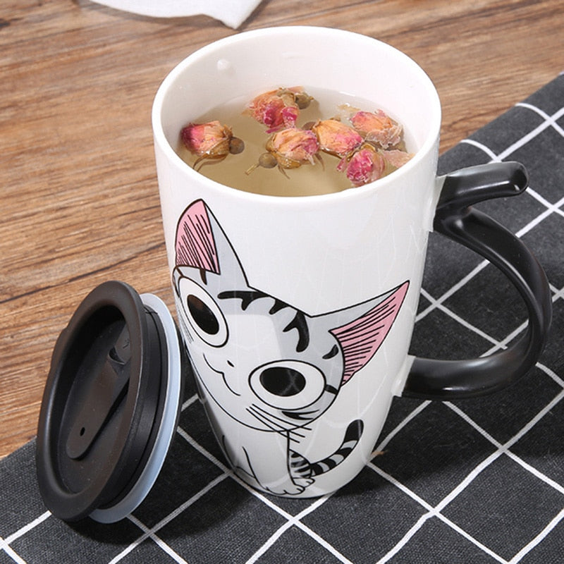 600ml Cute Cat Ceramics Coffee Mug With Lid Large Capacity Animal Mugs creative Drinkware Coffee Tea Cups Novelty Gifts milk cup