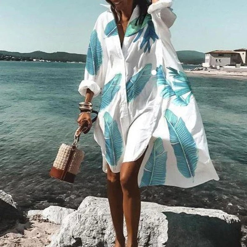 2021 Summer Women Dresses Turn-down Collar Print Casual Long Sleeve Shirt Dress Oversized Loose Beach Party Vestidos Robe Blouse