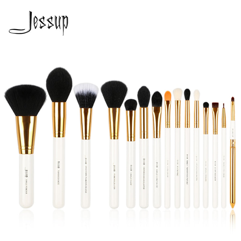 Jessup Brushes 15pcs Makeup Brushes Set Powder Foundation Eyeshadow Blending Make Up Tool Kits Shadow Liner Lip, White/Gold T103