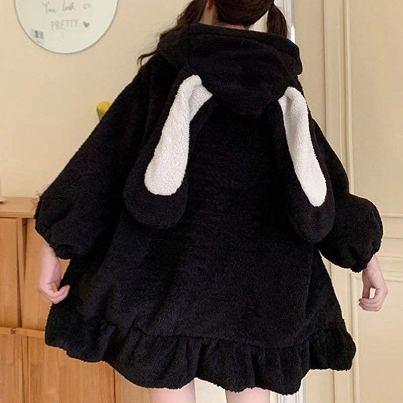 Hasenohren Hoodies Frauen Reißverschluss Sweatshirts Mantel Lange Laterne Ärmel Mit Kapuze Lolita Niedliche Süße Mädchen Harajuku Warm Baggy Outfits