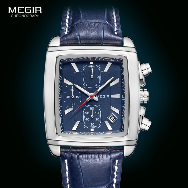 Megir Rechteck-Vorwahlknopf-Leder-Bügel-Uhr für Mann-beiläufigen blauen Chronographenquarzuhren Mann-Armbanduhr montre reloj Uhren