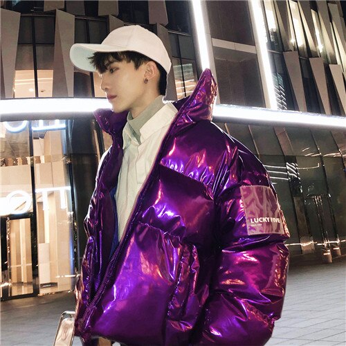 NEW Winter collar loose bright leather fabric jacket wind thick warm coat men women couple purple cotton clothing