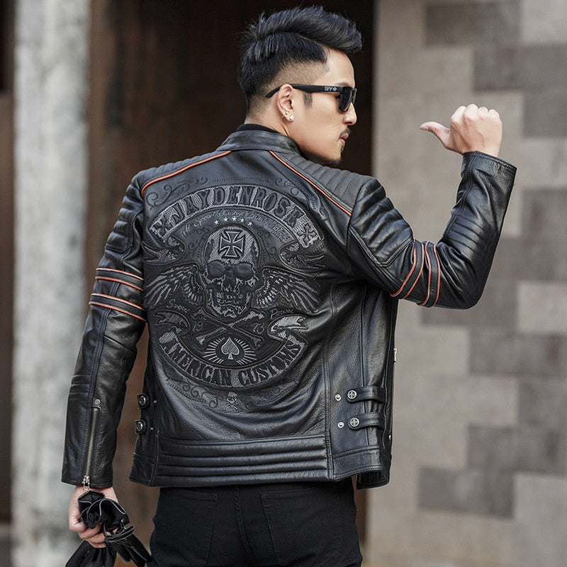Free shipping.Brand skull cowhide coat.black slim genuine leather clothes,men&