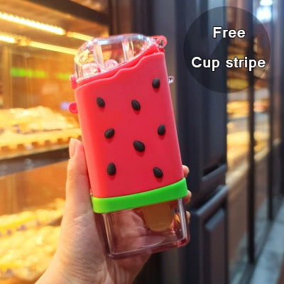 Hot Summer Cute Donut Ice Cream Water Bottle With Straw Creative Square Watermelon Cup Portable Leakproof Tritan Bottle BPA Free