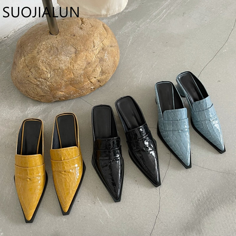 SUOJIALUN 2021 Spring Women Slipper Square Med Heel Slip On Mules Pointed Toe Stone Pattern Sandal Female Casual Slides Shoes