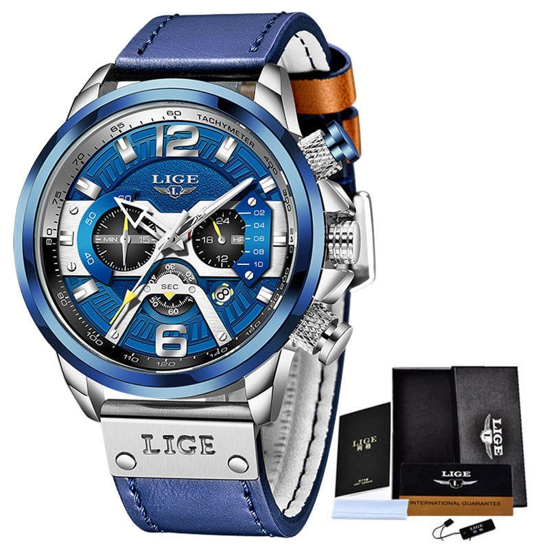 2022 LIGE, relojes para Hombre, marca superior, Reloj deportivo con cronógrafo de cuero azul de lujo para Hombre, Reloj resistente al agua con fecha a la moda, Reloj para Hombre