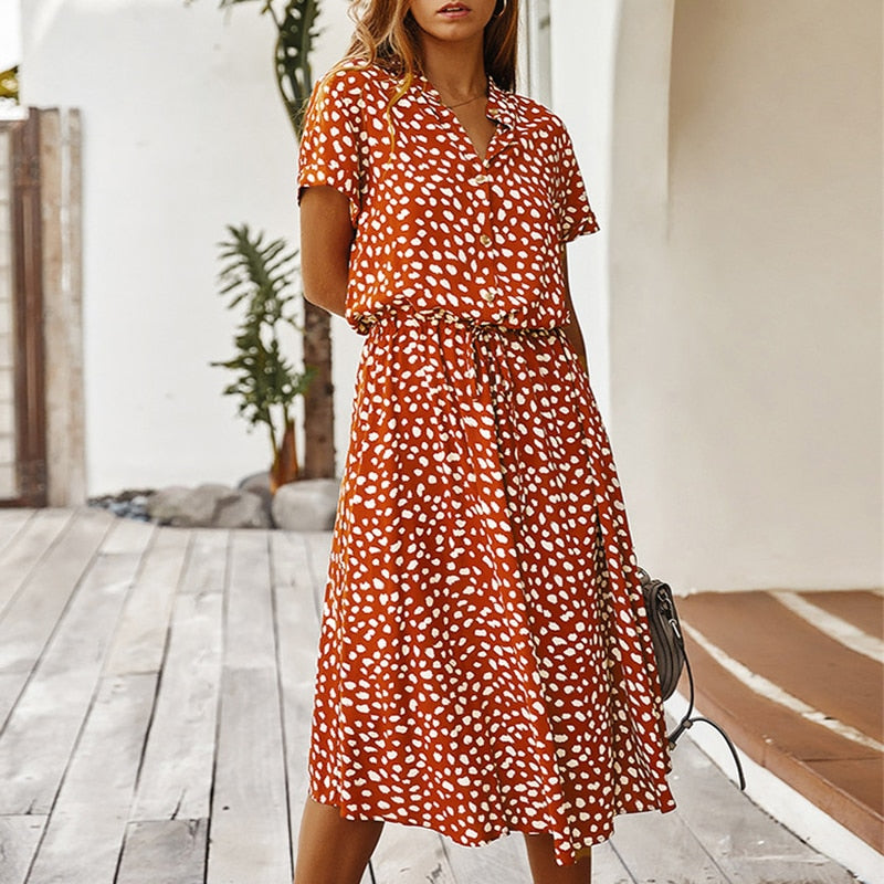 Fashion Women Dresses Summer Boho Dot Print High Waist Shirt Dress Casual Holiday Beach Short Sleeved Female Midi Dress