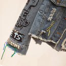2022 Spring Autumn New Women Street Fashion Graffiti Denim Jacket Female Personality Short Raw Cut Rivet Jacket Fringe Jean Coat