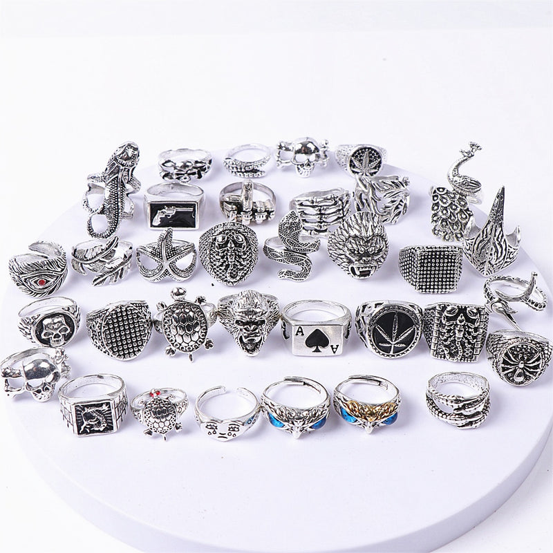 50pcs/lot Punk Gothic Snake Owl Skull Animal Silver Plated Rings For Women Men Mix Style Vintage Jewelry Party Gifts