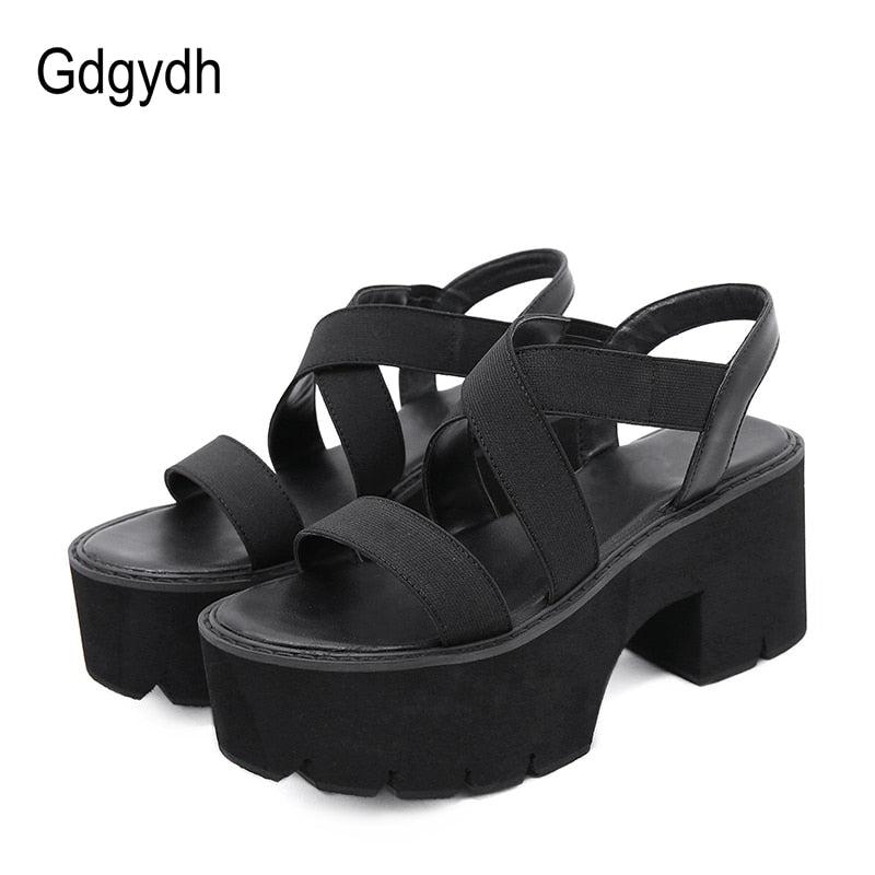 Gdgydh 2022 Summer Women Gladiator Sandals Thick Platform High Heels Comfortable Female Shoes Elastic Band Black Shoes Drop Ship