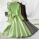 ALPHALMODA High Collar A-line Knit Dress Women's 2019 New Thickened Arrow Striped Women Elegant Sashes Knitted Dress