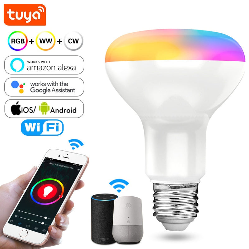 Tuya Smart LED Bulb E27 15W WiFi Light Dimmable RGB + Warm + White Work with Alexa Google Home Smart Life APP Voice Control