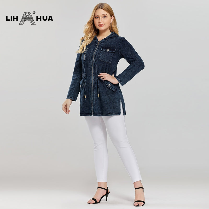 LIH HUA, chaqueta vaquera de talla grande para mujer, estilo largo informal para mujer, Chaquetas vaqueras de punto de algodón elástico Premium