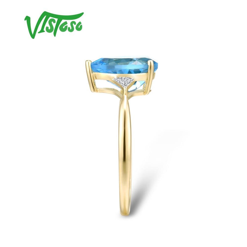 VISTOSO Ring aus reinem 14 Karat 585 Gelbgold für Damen, funkelnder Diamant, klarer blauer Topas, Jahrestag, klassischer feiner Schmuck