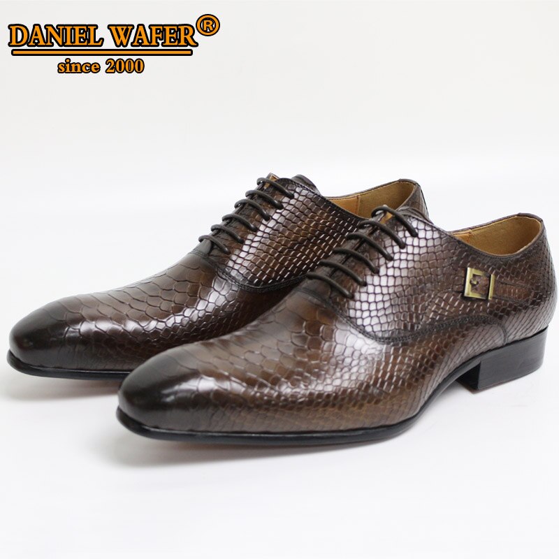 Zapatos Oxford de lujo para hombre, zapatos de cuero con estampado de piel de serpiente, zapatos de vestir de estilo clásico, zapatos formales de punta estrecha con cordones negros para café para hombre