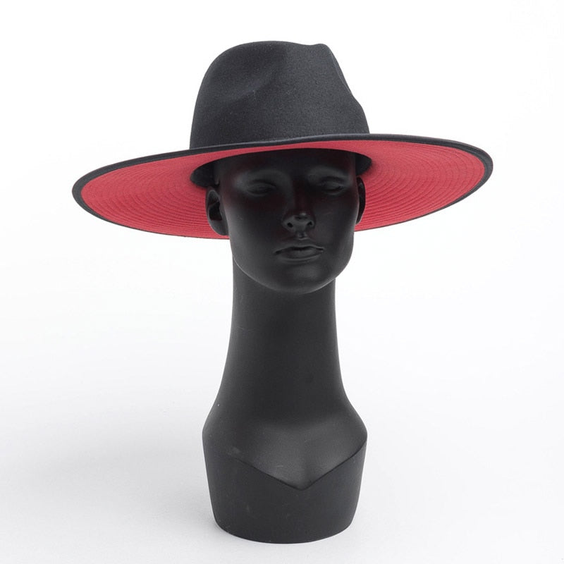 FEDORA de lana de dos tonos con empalme de ala ancha UNISEX clásico, sombreros cálidos de invierno de ala ancha para mujer, sombrero de vestir Derby de Iglesia para mujer rojo y negro