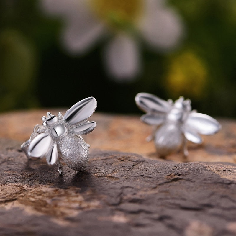 Lotus Fun Real 925 Sterling Silver Bee Earrings Natural Designer Fine Jewelry Cute 18K Gold Honeybee Stud Earrings for Women