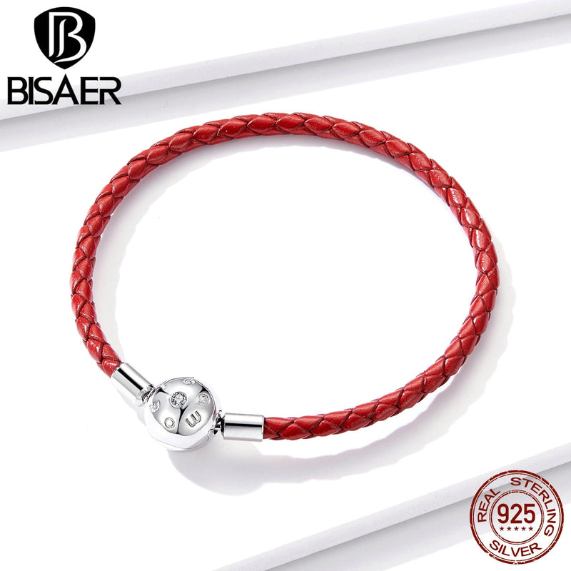 BISAER Lucky Bracelets Red Leather Rope 925 Sterling Silver S925 Plated Platinum CZ PU Leather Chain For Women Jewelry EFB042