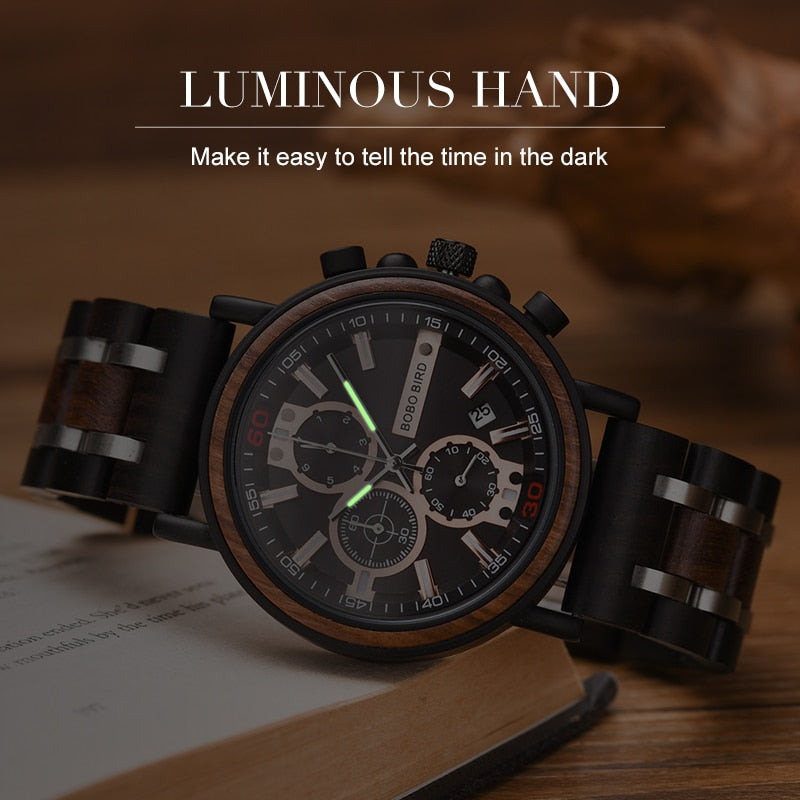 BOBO BIRD Wooden Watch Men Wristwatches Date Show Luminous Hand Chronograph Timepiece relogio masculino with Gift Box