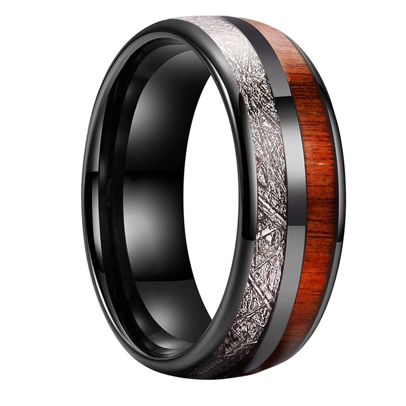 Rose Gold/Black 8mm Wedding Bands Tungsten Carbide Rings for Men Women Domed Koa Wood Meteorite Inlay Polished Shiny Comfort Fit