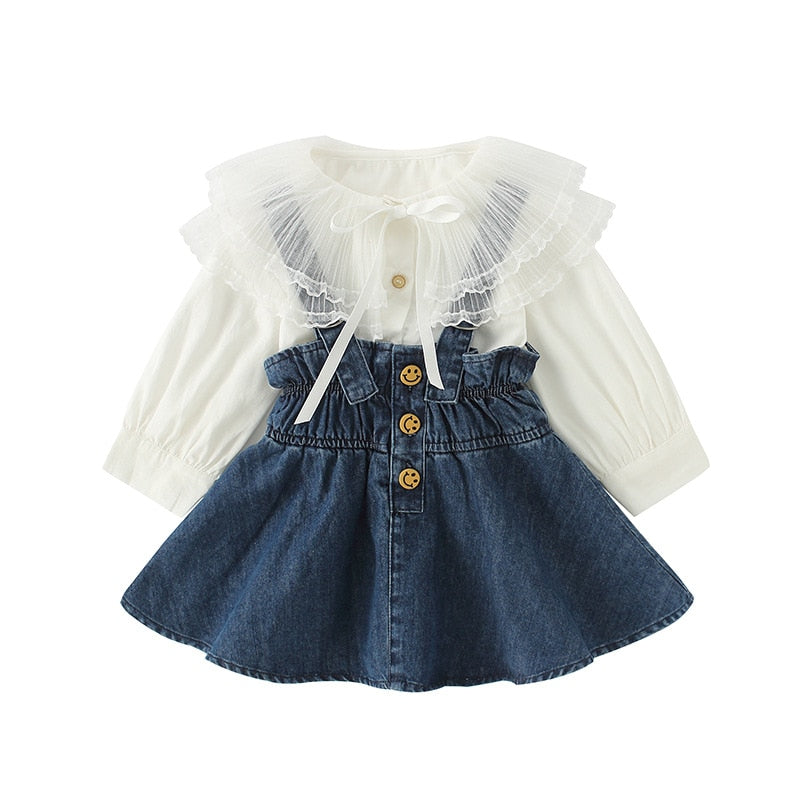 Herbst-Säuglingsbaby-Kleidungs-Satz-süße Spitze-großes Revers langärmliges Hemd + Cowboy-Kleid 2pcs stellte Denim-Prinzessin ein