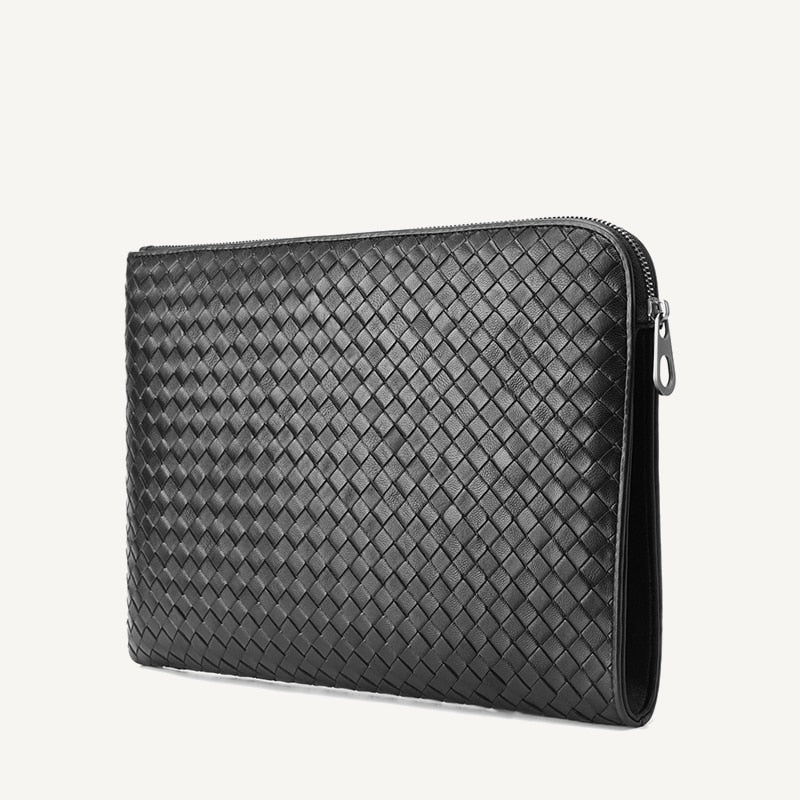 Bolso de mano para hombre de negocios, 100% de piel auténtica de oveja tejida, bolso tipo sobre de marca de lujo, papel A4 multifunción de gran capacidad