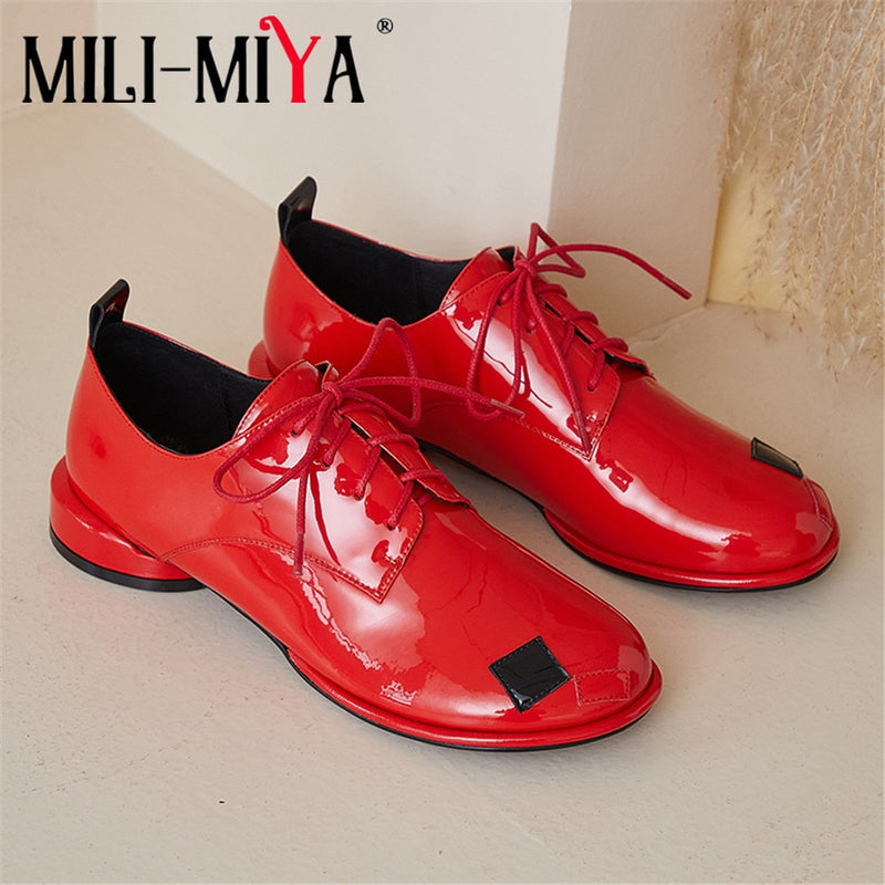 MILI-MIYA Personalized Design Mixed Color Women Patent Leather Pumps Lace-Up Round Toe Full Genuine Leather Fashion Street Shoes