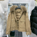 Janveny, chaqueta de plumón de piel auténtica de zorro para mujer, abrigo de plumón de pato blanco 90% holgado corto 2021, prendas de vestir de nieve acolchadas con bolsillos grandes para mujer