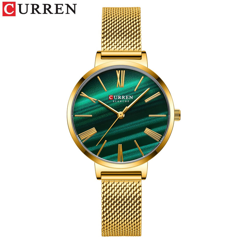 CURREN Mode-Luxusuhren für Frauen Malachit-Grün-Quarz-Kleid-Armband-Armbanduhr mit weiblicher Uhr aus Leder