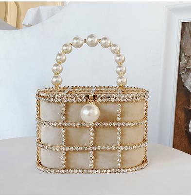 Bolso de mano de lujo con diseño de cesta calada de alta calidad para fiesta, bolsos de mano con diamantes y perlas para mujer, bolso de noche, bolsos de moda, bolso de diseñador