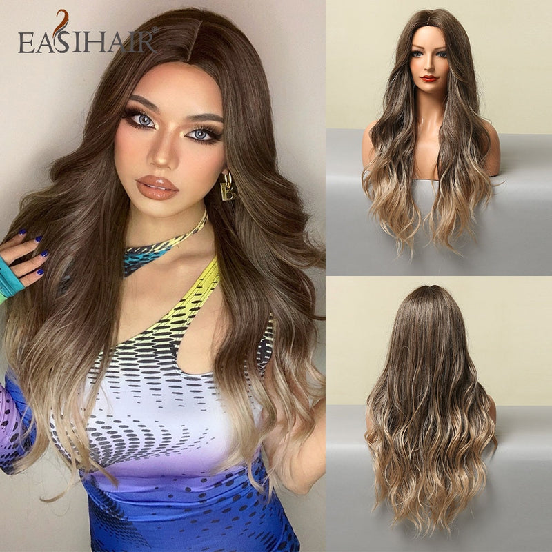 EASIHAIR Long Body Wave Light Brown Wigs with Blonde Highlights Middle Part Cosplay Heat Resistant Synthetic Hair Wigs for Women