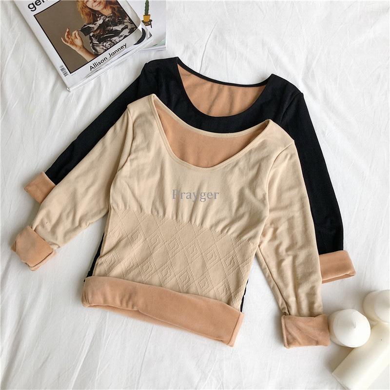 Ropa interior térmica para mujer, Tops cálidos de lana de invierno, ropa de manga larga con cuello redondo