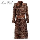 MoaaYina Fashion Windbreaker Overcoat Autumn winter Women Long sleeve Snakeskin pattern Print Lace-Up Keep warm Overcoat