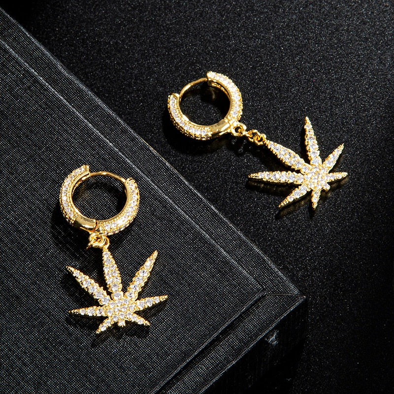 Hip Hop 1Pair Iced Zircon Maple leaf Earring Micro Paved AAA+ Bling CZ Stone Earrings For Men Women Jewelry