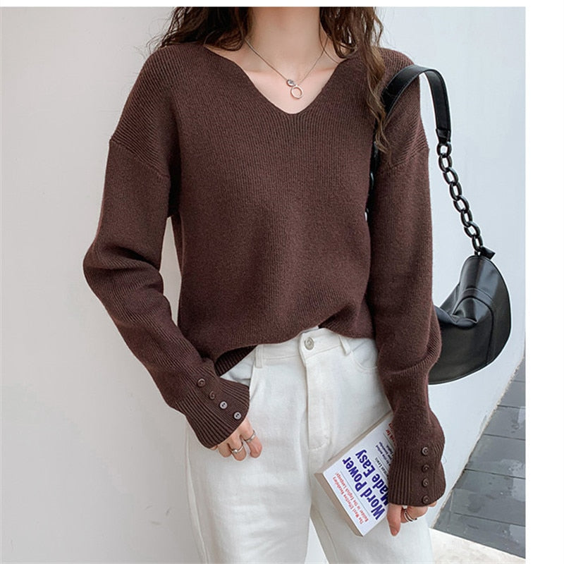 2022 Herbst Frühling Frauen Pullover Weibliche Tops Gestrickte Dünne Pullover Solide V-ausschnitt Lose Elegante Büro Dame Casual All Match