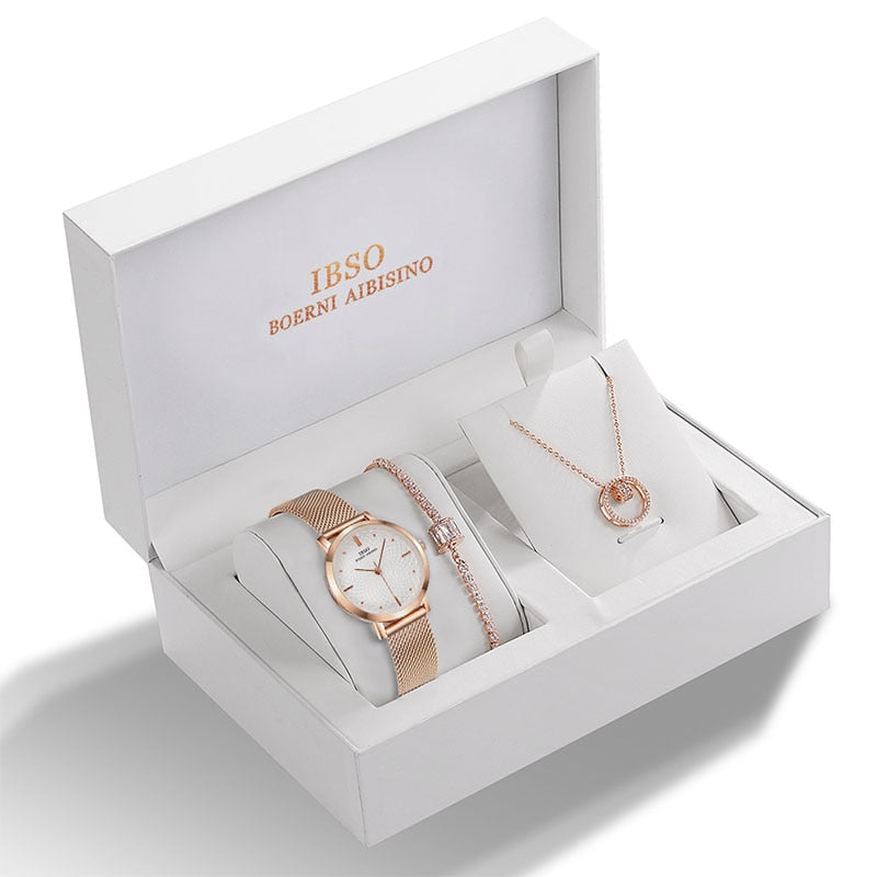 IBSO Women Quartz Watch Set Crystal Design Bracelet Necklace Watch Sets Female Jewelry Fashion Silver Luxury Watch Lady's Gift