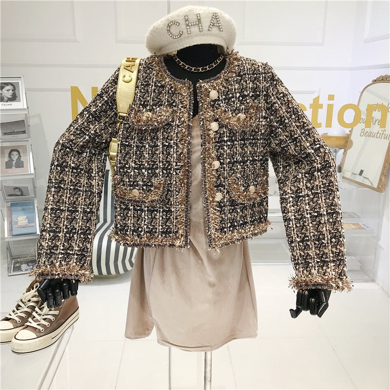 Chaqueta corta de tweed de estilo de mujer con temperamento de alta calidad, chaqueta elegante de otoño 2022 para mujer, chaqueta de moda para mujer, Top para mujer