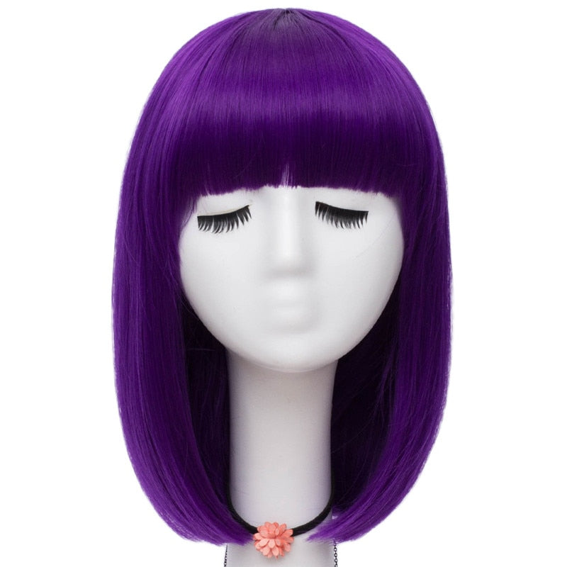 Women Orange Short Cosplay Wig with Bangs BOb Hairstyle  Heat Resistant Fiber Synthetic Straight Hair