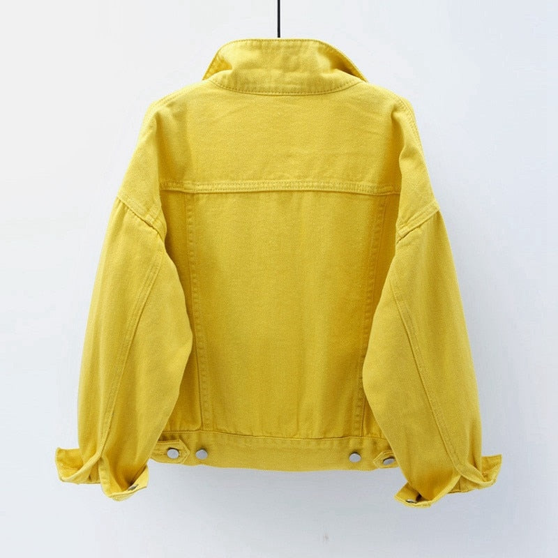 Denim-Jacke der Frauen Frühlings-Herbst-kurzer Mantel-Rosa-Jeans-Jacken-beiläufige Oberseiten-lila gelbe weiße lose Oberseiten-Damen-Oberbekleidung KW02