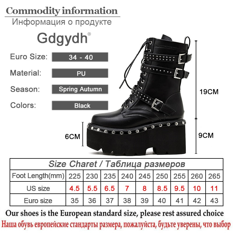 Gdgydh 2022 Frühling Lace-Up Motorradstiefel für Frauen Runde Zehe Dicke Plattform High Heels Weibliche Stiefeletten Gothic Style Schuhe