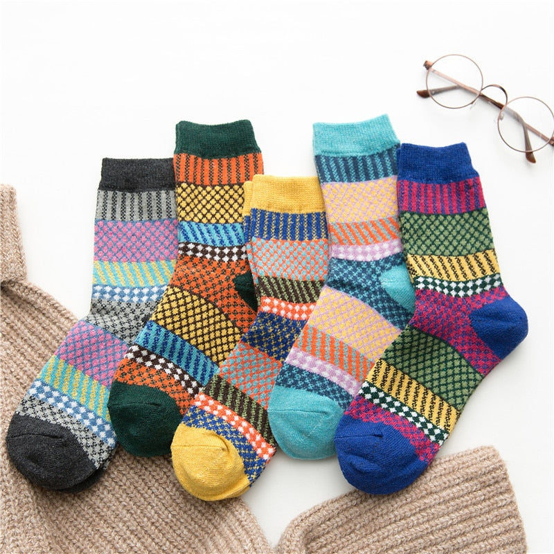 HSS Marke 5 Paar hochwertige Damen Wintersocken Vintage Patchwork Kaninchenwolle Socke verdicken warme thermische Baumwollsocken