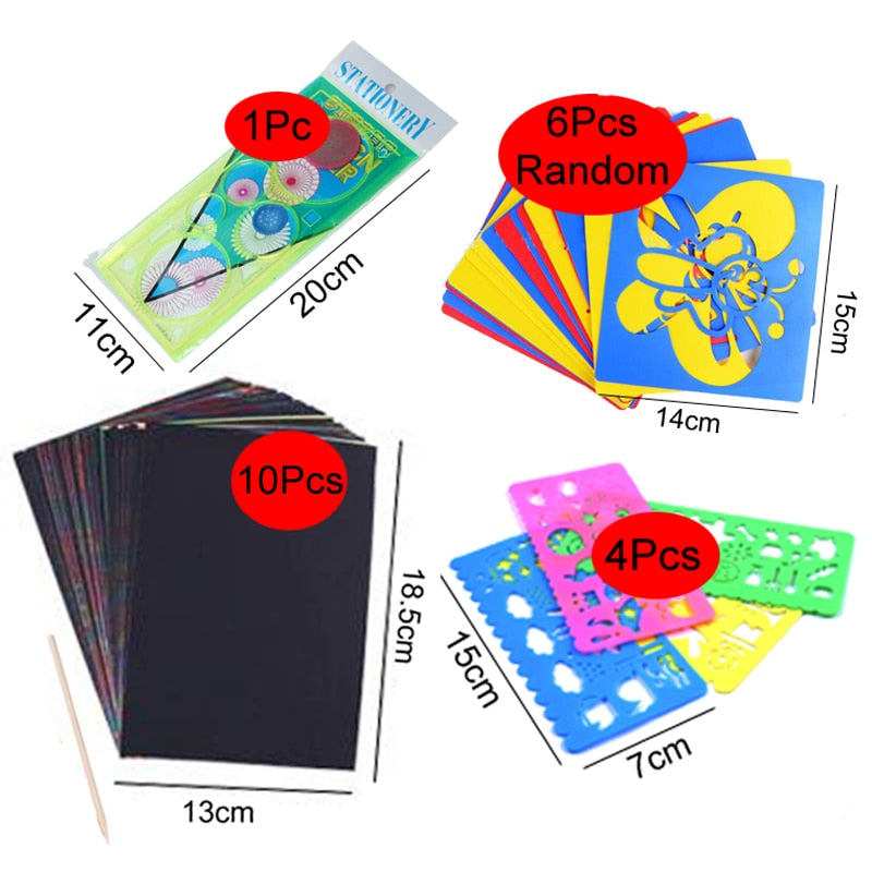 Magic Color Rainbow Scratch Art Paper Card Set with Graffiti Stencil for Drawing Stick DIY Art Painting Toy for Children GYH
