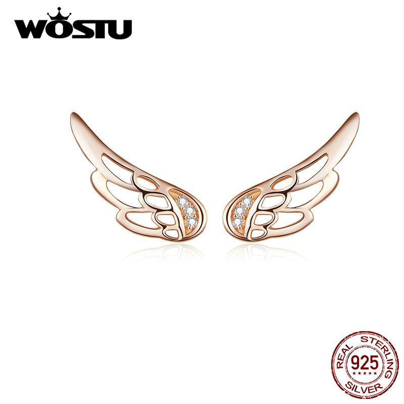 WOSTU Genuine 925 Sterling Silver Fairy Wings Stud Earrings For Women Rose Gold Earrings Wedding Engagement Jewelry CQE343-C