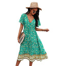 Deep V-Neck Summer Dress 2021 Beach Boho Floral Print Vintage Button Dresses Women Casual Loose A-Line Midi Long Elegant Robe