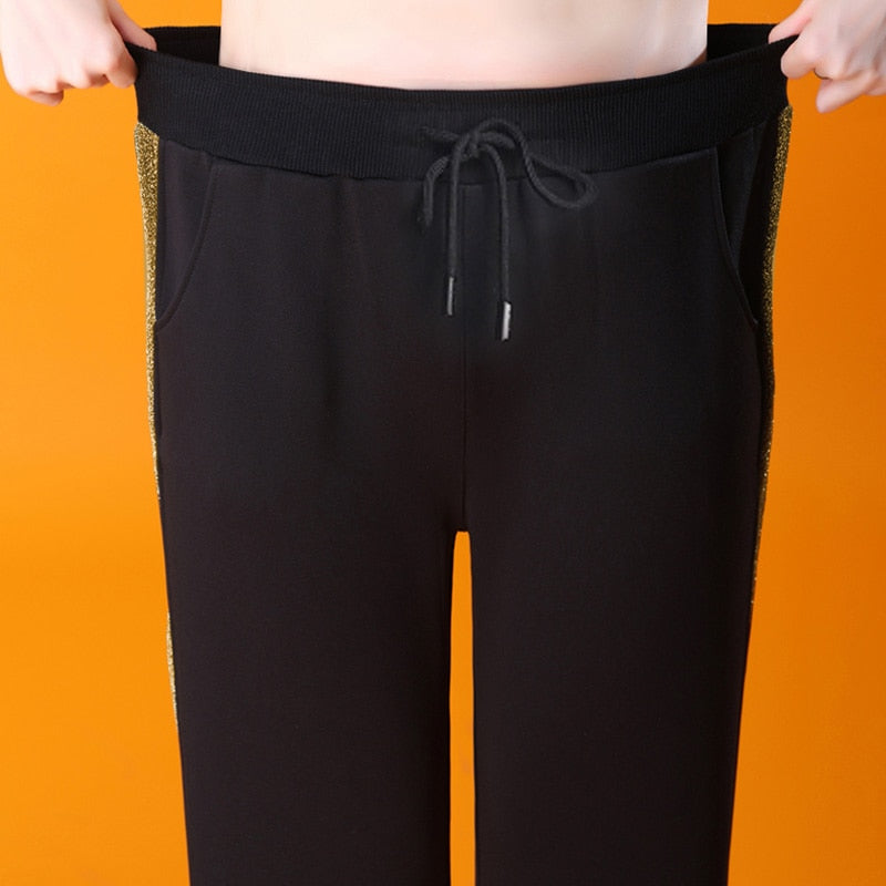 OUMENGKA, pantalones bombachos de Cachemira de invierno para mujer, pantalones informales gruesos y cálidos de Cachemira de piel de cordero, pantalones holgados de talla grande S-5XL con rayas laterales negras