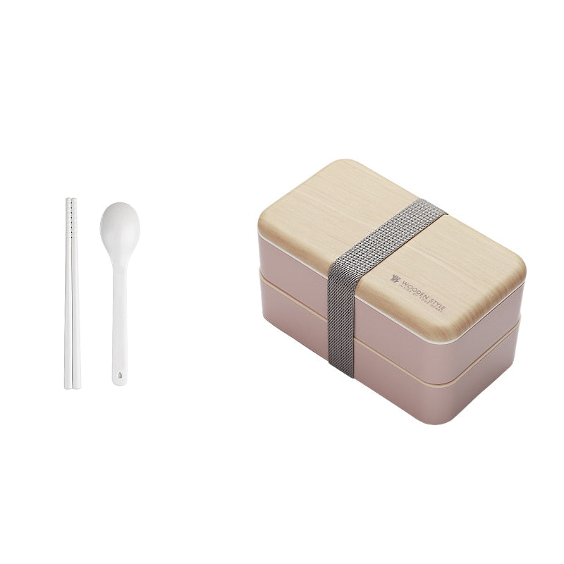 Fiambrera de doble capa para microondas, caja Bento de estilo madera, contenedor portátil sin BPA