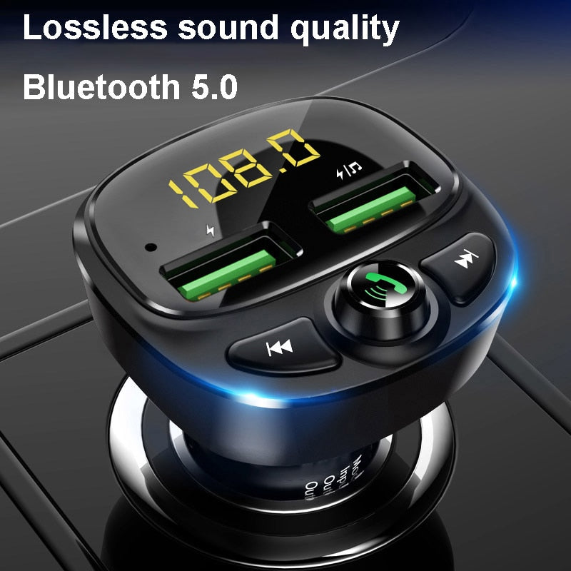 Konrisa Car FM Transmitter Bluetooth 5.0 Dual USB Charger Wireless Handsfree Car Kit FM Adapter Support TF Card USB Drive